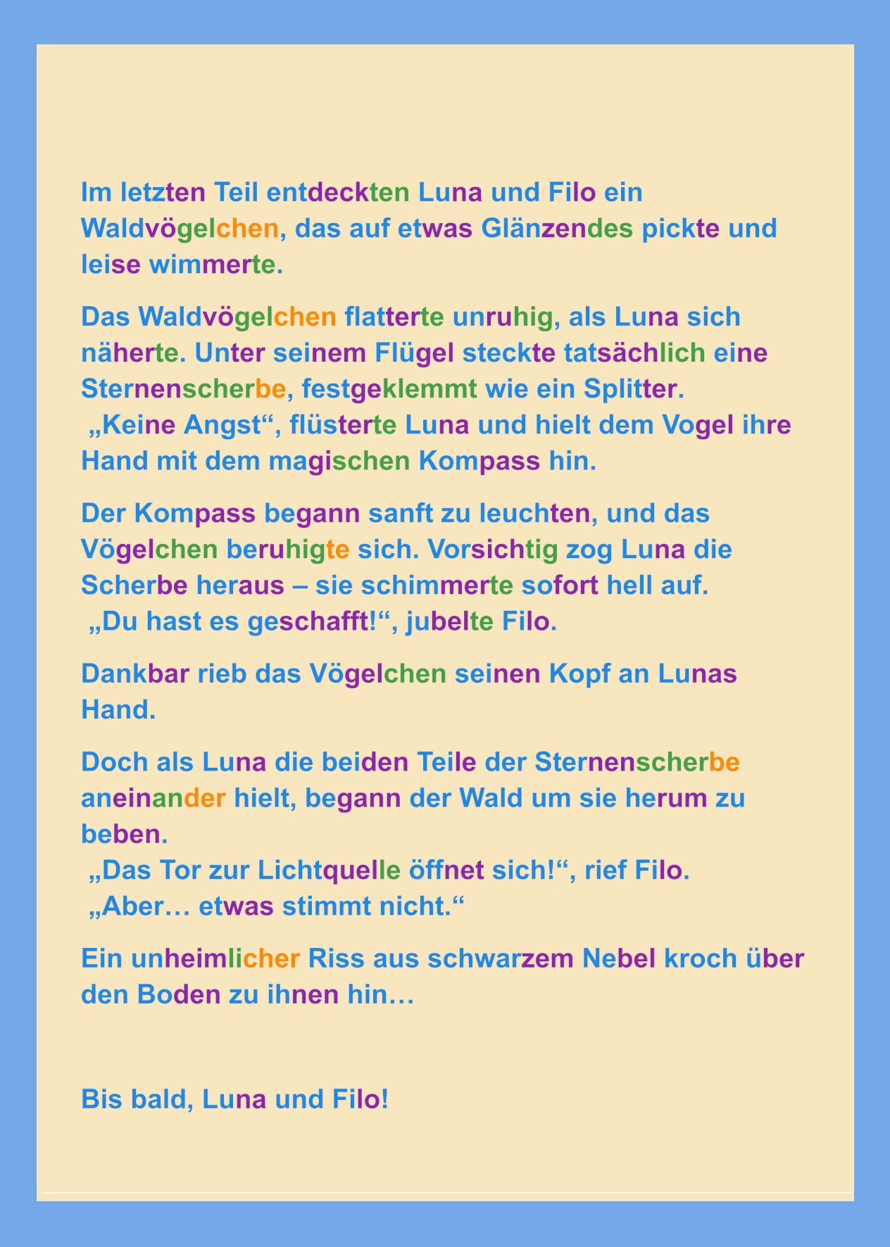 Beispiel einer lesefreundlich gestalteten Postkarten-Rückseite mit vierfarbigem Silbenschnitt – Luna Geschichte Karte 5
